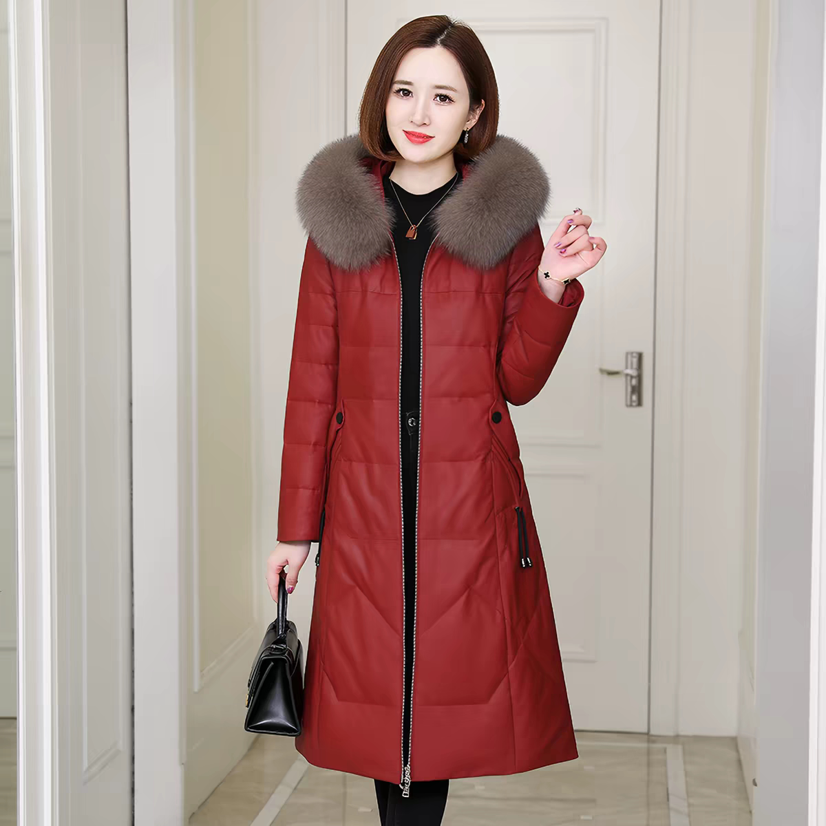 清仓毛领长款过膝棉服女冬季