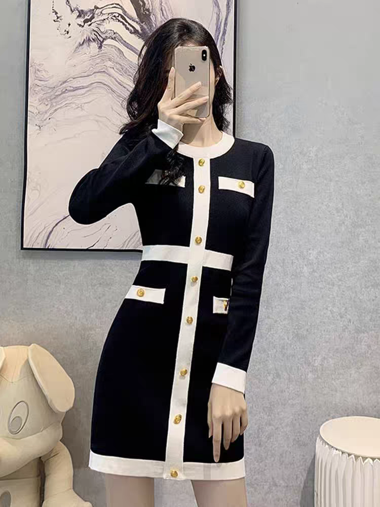 清仓小香风针织连衣裙女秋冬新款气质名媛高级感修身显瘦打底毛衣
