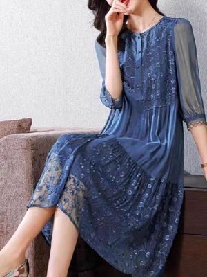 清仓高端真丝连衣裙女夏季韩版宽松遮肚显瘦妈妈桑蚕丝刺绣长裙女