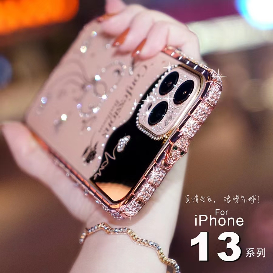 适用于苹果13Promax镶钻手机壳14官方带金属边框13正品高端壳12promax补妆镜11promax奢华满钻11高端水钻边框
