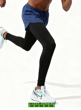 爱跑精选男四季户外运动跑步徒步健身假两件后腰口袋紧身弹力长裤