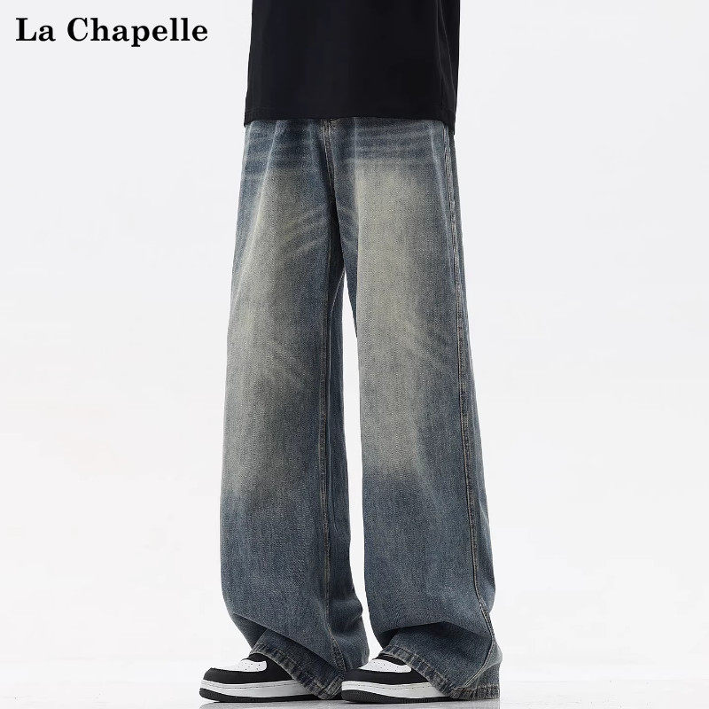 拉夏贝尔美式复古猫须做旧水洗牛仔裤秋冬男士新款休闲宽松直筒裤