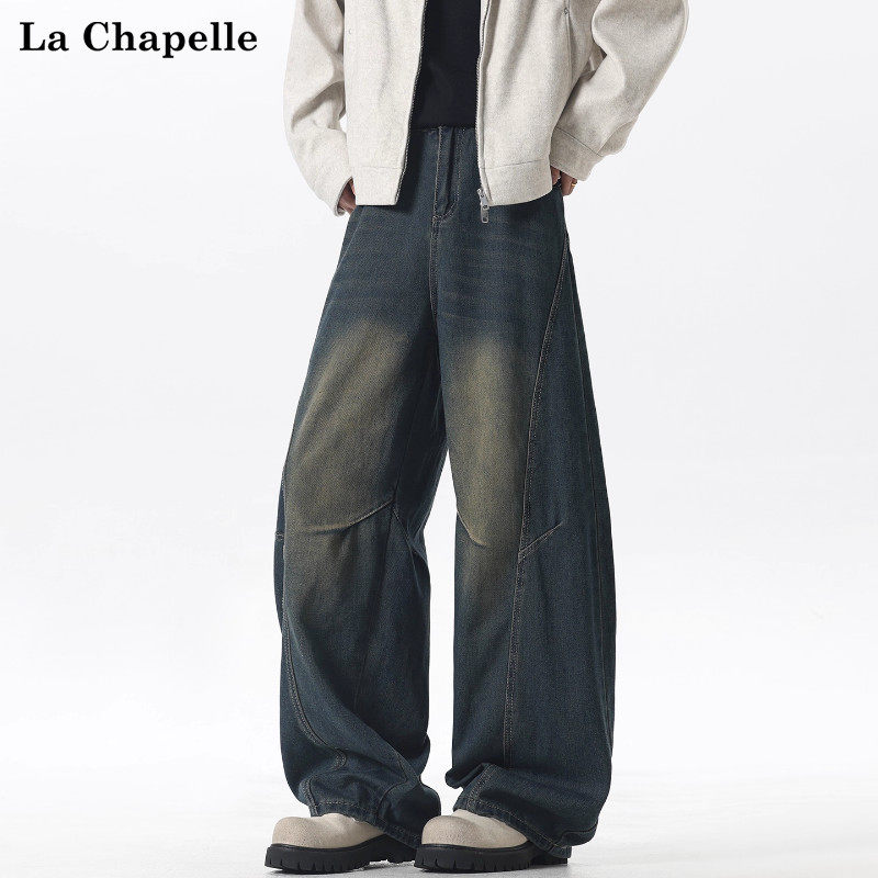 拉夏贝尔复古做旧水洗弯刀结构牛仔裤秋冬男士潮流褶皱休闲直筒裤