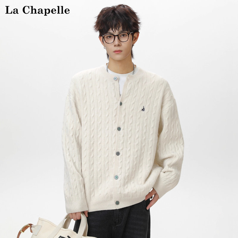 拉夏贝尔绞花纹圆领毛衣开衫冬季男新款高级感针织衫外套保暖百搭