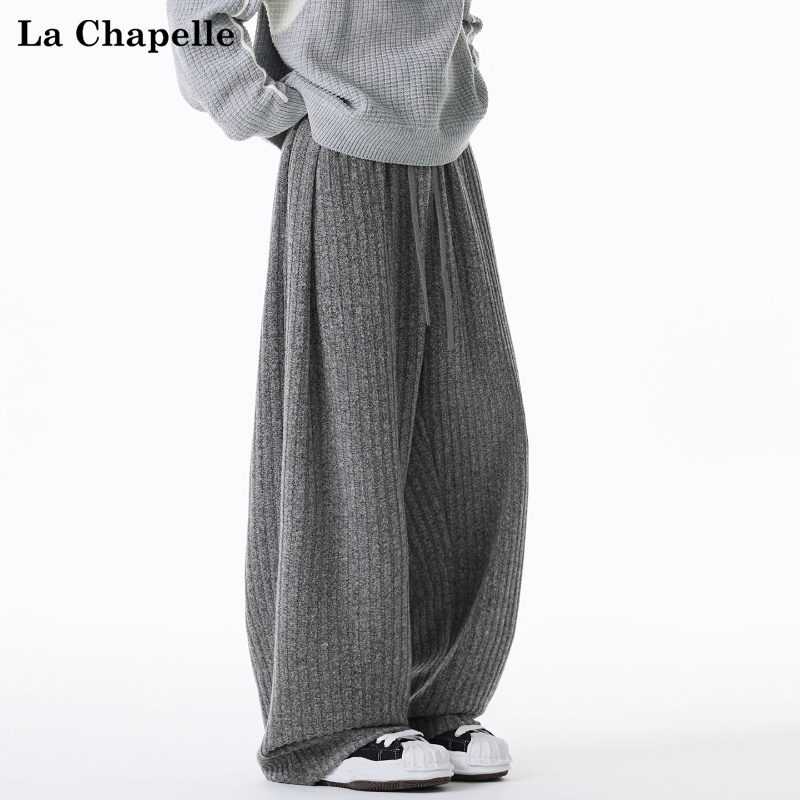 拉夏贝尔老钱风复古条纹重磅卫裤男士秋冬保暖休闲宽松直筒运动裤