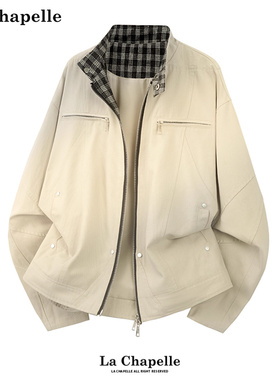 拉夏贝尔哈灵顿老钱风夹克男女款秋季纯棉重工千鸟格立领行政外套