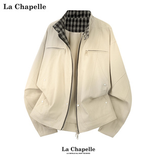 拉夏贝尔哈灵顿老钱风夹克男女款秋季纯棉重工千鸟格立领行政外套