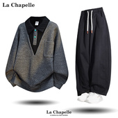 加绒卫衣加绒牛仔裤 拉夏贝尔潮流休闲运动套装 男女秋冬新款 一整套