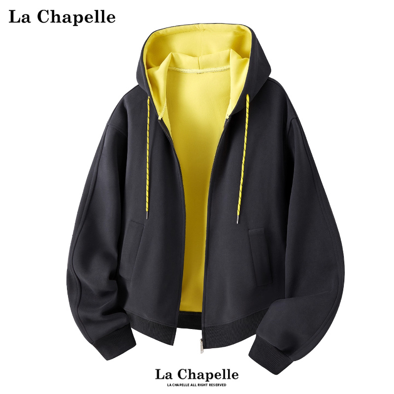 拉夏贝尔美式连帽卫衣外套加绒加厚冬季2025男女撞色小众设计开衫