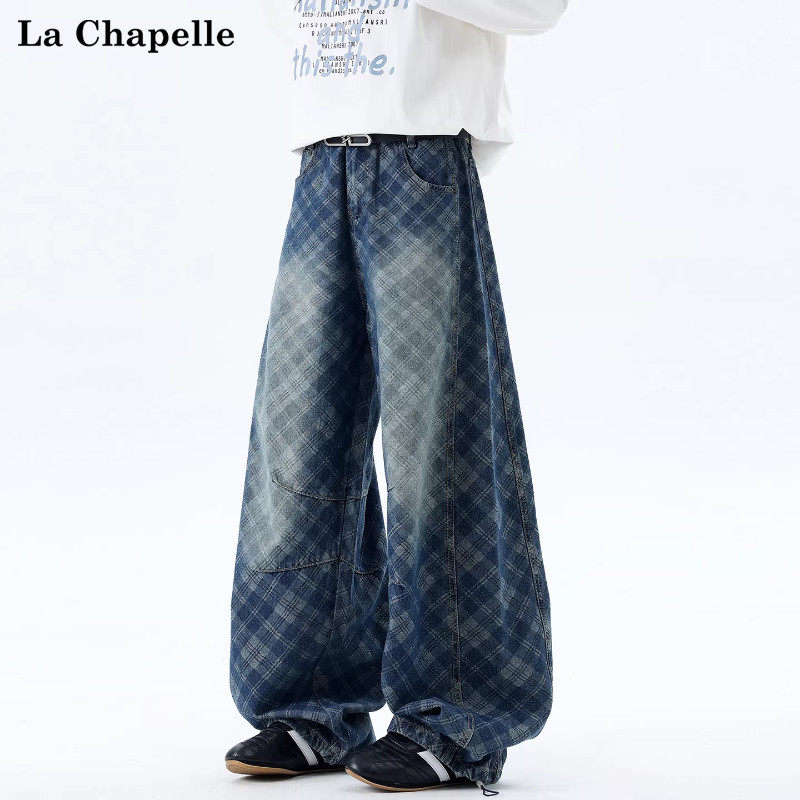 拉夏贝尔美式复古格纹弯刀牛仔裤男春季设计感水洗褶皱休闲风长裤,男装,牛仔裤,淘宝优惠券,粉丝福利购,淘宝优惠卷