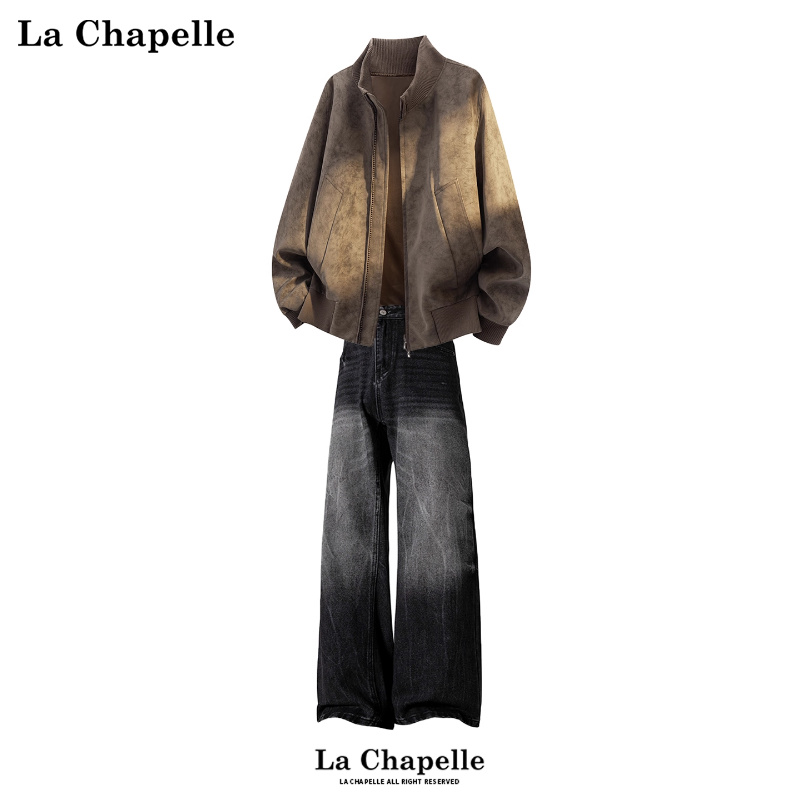 拉夏贝尔休闲运动套装男女秋冬2025新款夹克搭牛仔裤帅气一整套潮