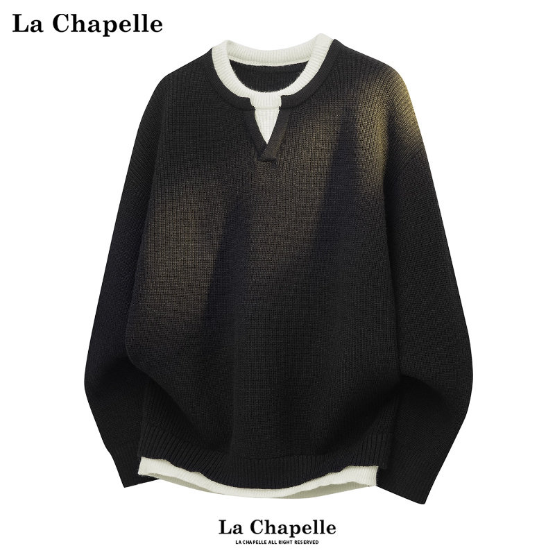拉夏贝尔假两件毛衣冬季男士针织打底衫休闲宽松设计感上衣2025款
