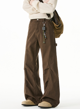 MSCS美拉德拼接褶皱设计咖色休闲裤子男女秋季新款直筒伐木裤