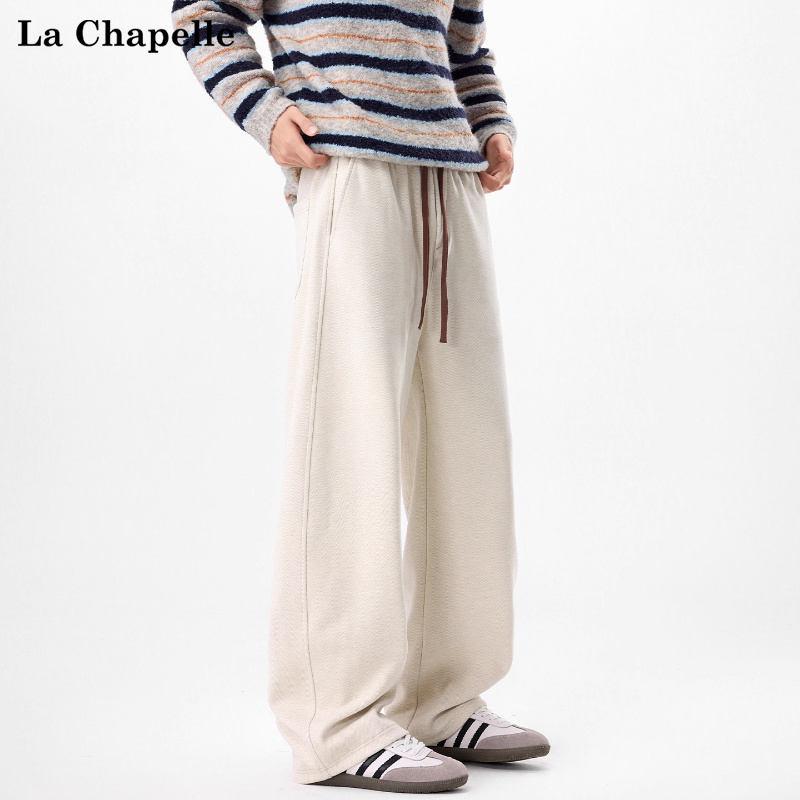 拉夏贝尔撞色针织面料人字纹加绒加厚卫裤男女秋冬季新款休闲长裤