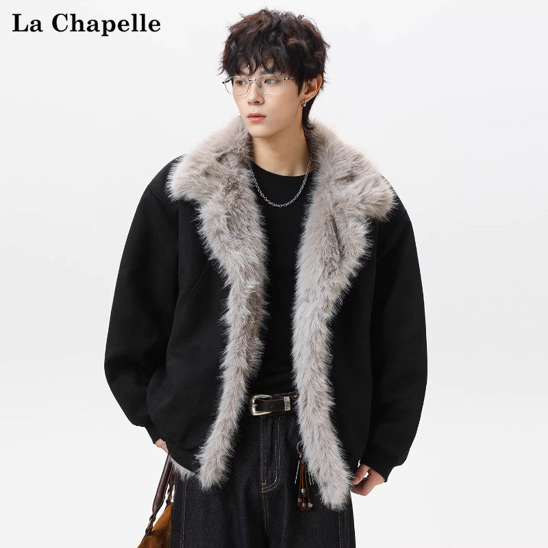 拉夏贝尔黑色毛绒座山雕棉服外套冬季男士保暖加厚棉衣高街痞帅潮,男装,棉衣,淘宝优惠券,粉丝福利购,淘宝优惠卷