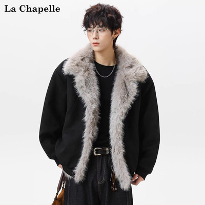 拉夏贝尔黑色毛绒座山雕棉服外套冬季男士保暖加厚棉衣高街痞帅潮