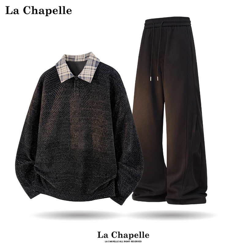 拉夏贝尔休闲运动套装男士秋冬新款加绒卫衣搭厚款卫裤免搭一整套