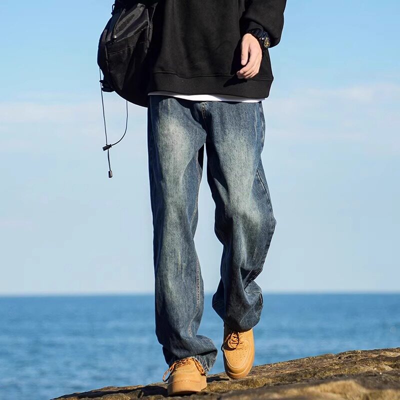 拉夏贝尔牛仔裤2025新款男女春秋季复古蓝宽松做旧直筒裤美式高街