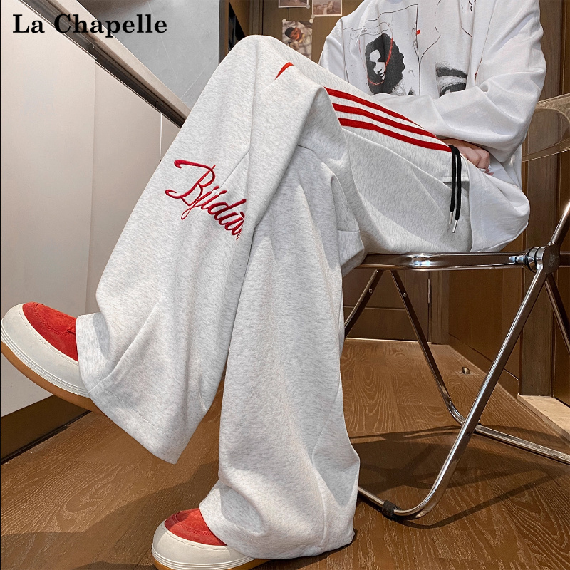 拉夏贝尔美式刺绣三条杠重磅卫裤男女秋季新款运动潮牌垂感青少年