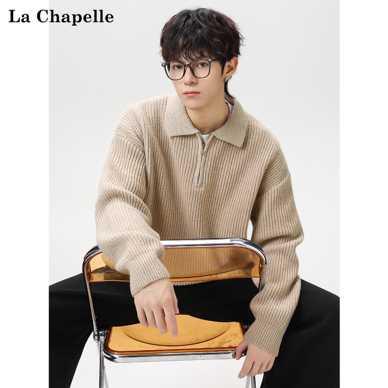 拉夏贝尔日系半拉链翻领针织衫秋冬2025男女粗针仿鹿毛绒毛衣保暖