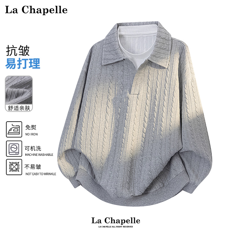 拉夏贝尔美式假两件提花polo衫卫衣男女秋冬季麦穗纹长袖T恤休闲