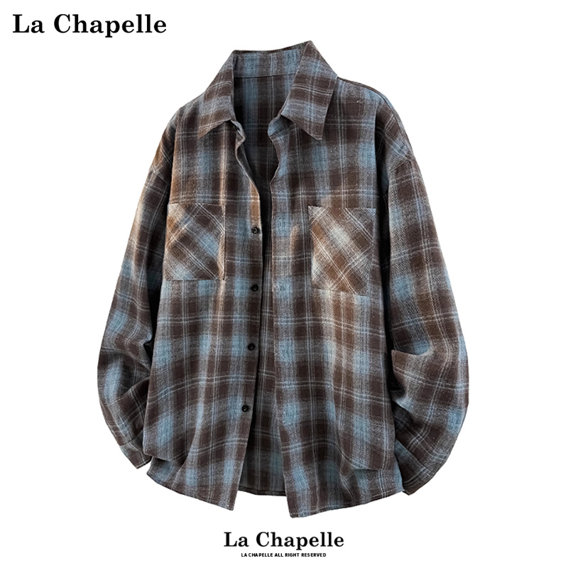 拉夏贝尔美式复古格纹长袖衬衫2025新款秋冬翻领情侣衬衣外套男女
