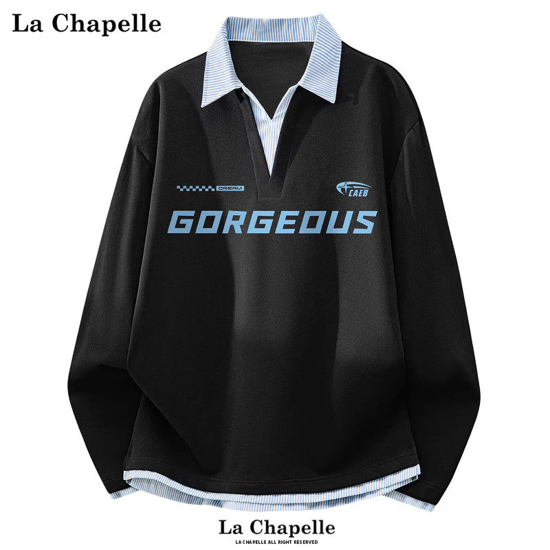 拉夏贝尔假两件衬衫拼接卫衣春季男海鸥领字母印花长袖T恤情侣装,男装,Polo衫,淘宝优惠券,粉丝福利购,淘宝优惠卷