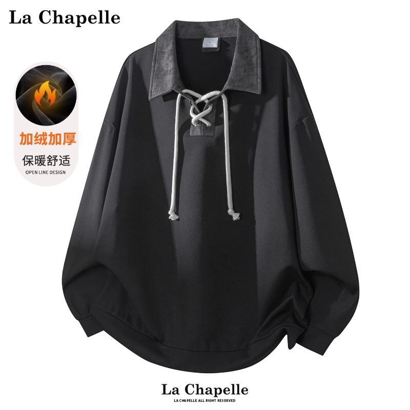 拉夏贝尔美式拼接绑带polo卫衣冬季加绒男女新款设计感保暖上衣