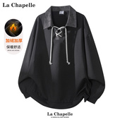 加绒男女新款 拉夏贝尔美式 拼接绑带polo卫衣冬季 设计感保暖上衣