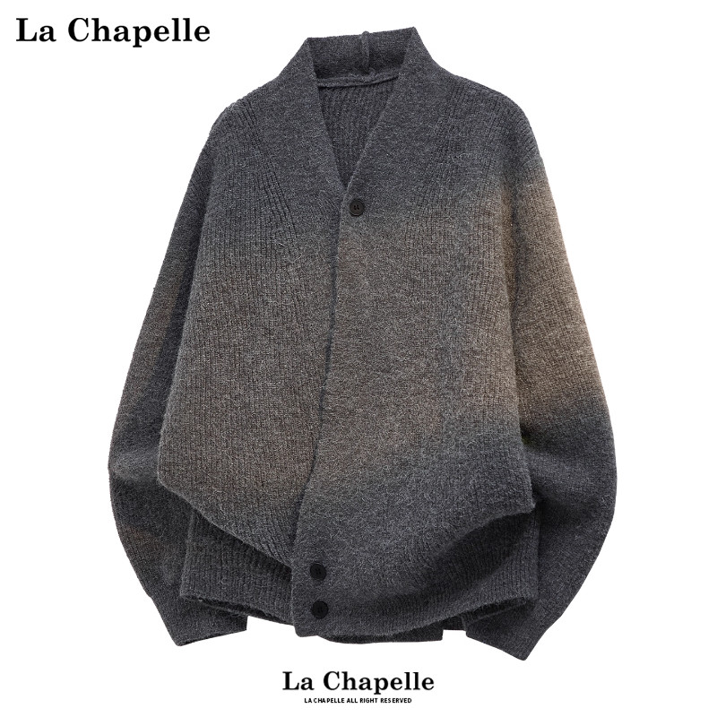 拉夏贝尔设计感斜门襟针织开衫冬季男士v领毛衣外套vibe简约保暖