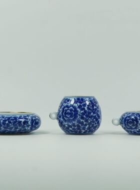 南京侯氏绣眼鸟笼配件九正堂叶子款千叶牡丹青花缸三件套绣眼鸟缸