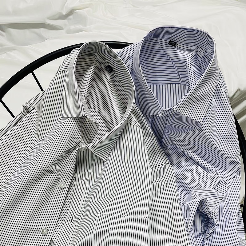 新款韩版修身条纹短袖衬衫男港风休闲复古方领宽松大码半袖衬衣潮