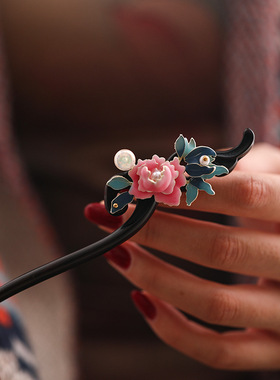 玫瑰花檀木发簪女小众设