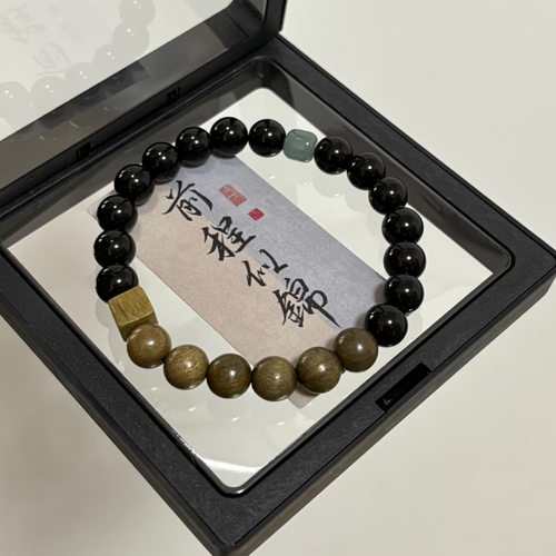 淡观山水黑曜石手乌木串