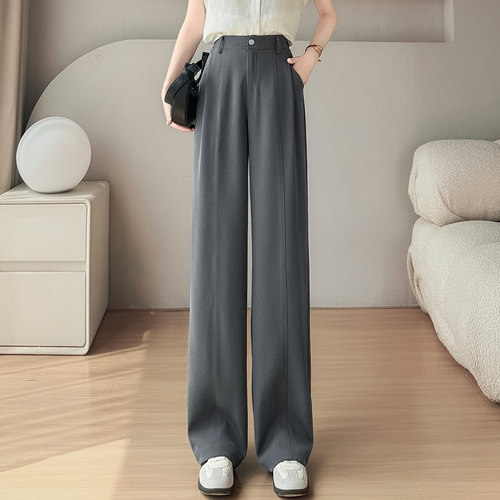 灰色阔腿裤女夏薄款冰丝裤子高腰抗皱西裤垂感长裤休闲直筒西装裤