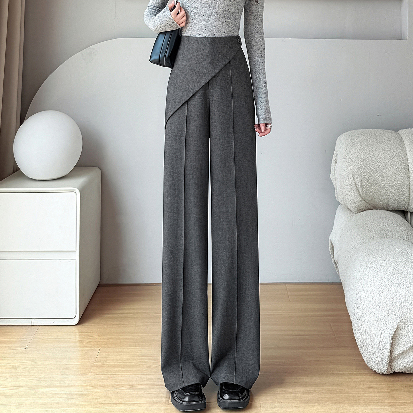 灰色屁帘裤女2026新款秋季女裤高腰阔腿西装裤高级感垂感直筒长裤图片