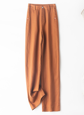 高档天丝亚麻阔腿裤女夏季薄款高腰垂感梨形遮肉显瘦橙色麻料裤子