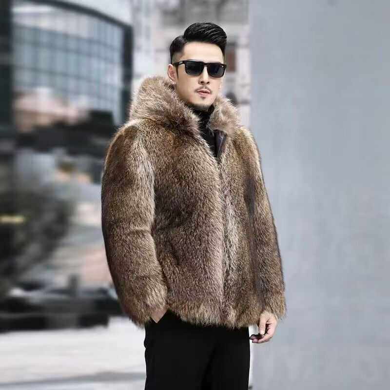 2025秋冬男士商务休闲貉子毛皮草外套时尚加厚保暖连帽大衣毛毛衣