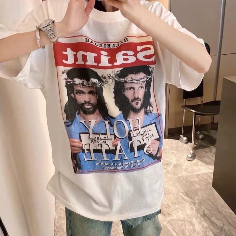 正确版本人像字母水洗短袖