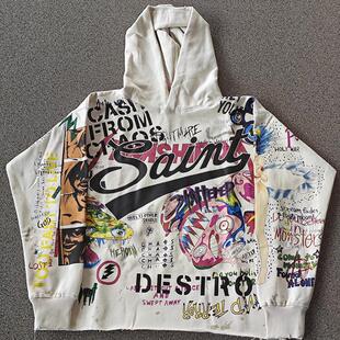 Saint Michael村上隆涂鸦重磅美式高街复古运动连帽套头卫衣男女