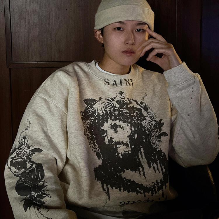 Saint Michael男神泼墨重磅圆领美式高街水洗复古宽松花灰卫衣男