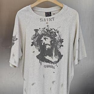 Saint T恤男女潮 Michael男神泼墨花灰vintage水洗复古做旧VTG短袖