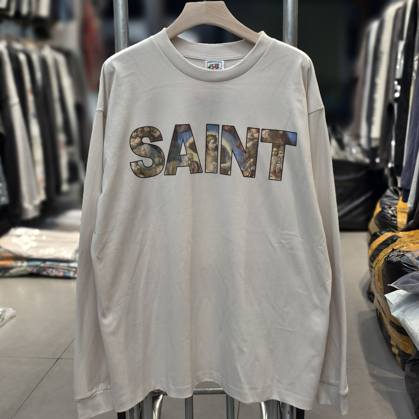 Saint Michael直喷LOGO美式VTG高街水洗宽松长袖打底T恤男女潮INS