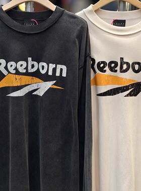 False复古字母弹幕裂纹美式高街VTG水洗宽松长袖打底T恤男女ins潮