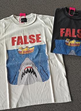 False鲨鱼反缝直喷重磅vintage水洗复古做旧VTG短袖T恤男女潮Ins