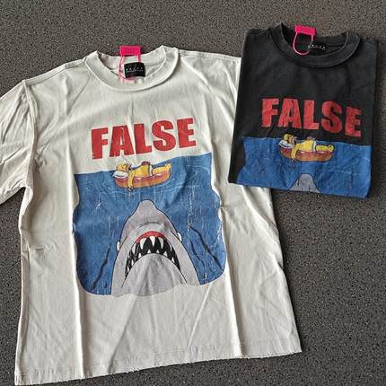 False鲨鱼反缝直喷重磅vintage水洗复古做旧VTG短袖T恤男女潮Ins