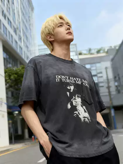 Grailz Project Fake Pocket Gradient Vintage Washed Retro Distressed Loose Vtg Short-Sleeve T-Shirt for Men