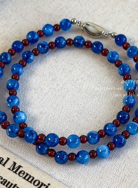 新中式深邃蓝色石头红色玻璃撞色串珠元宝扣项链短款锁骨链颈链女