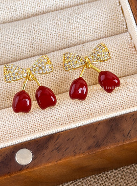 闪锆蝴蝶结红色樱桃耳钉女轻奢高级感小众设计耳环独特漂亮耳饰