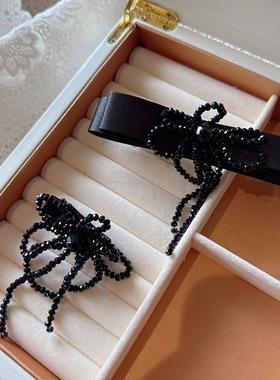 韩版复古黑色蝴蝶结顶夹时尚气质水晶流苏侧边夹刘海发夹半扎发卡